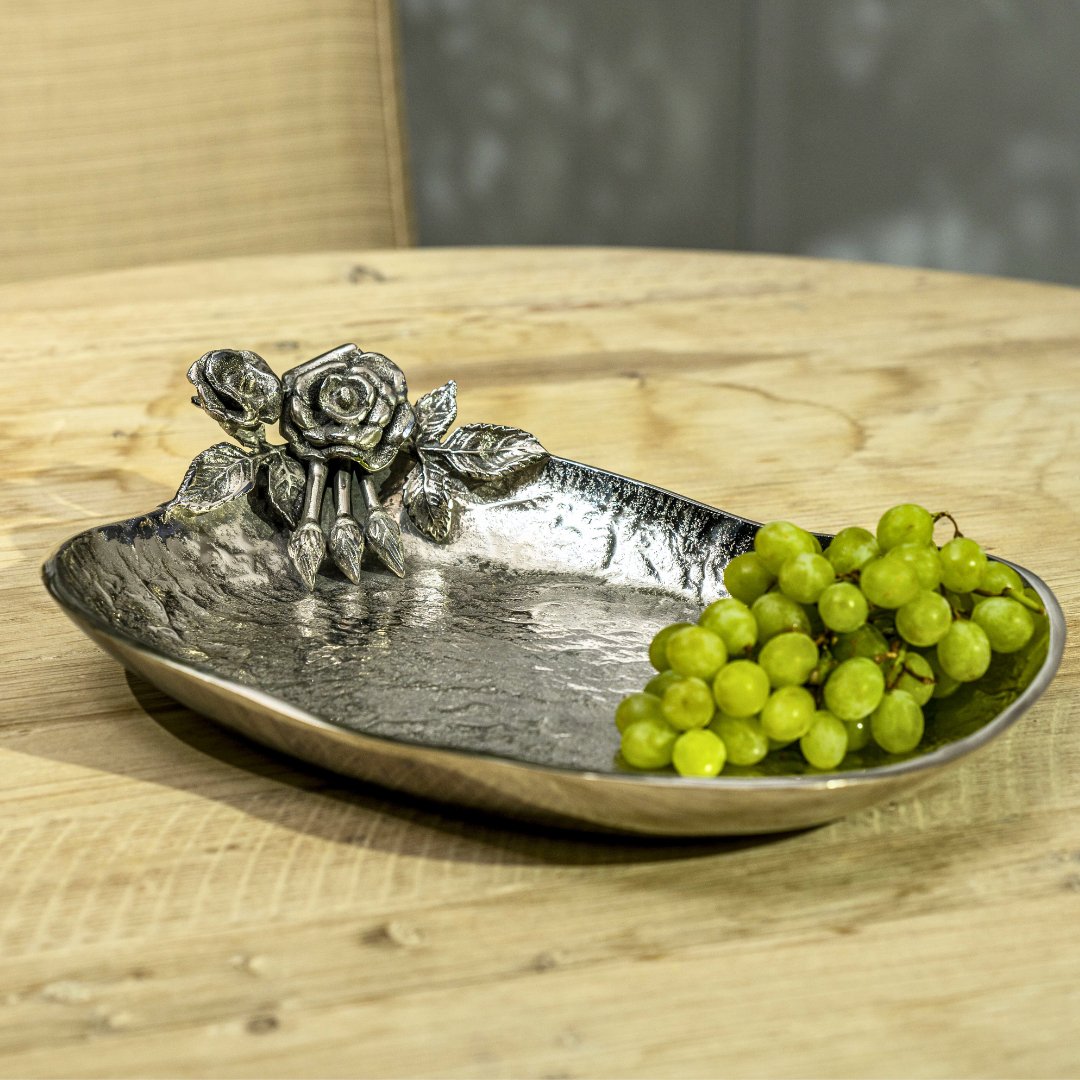 Metal Oval Platter With Antique Rose Detailing