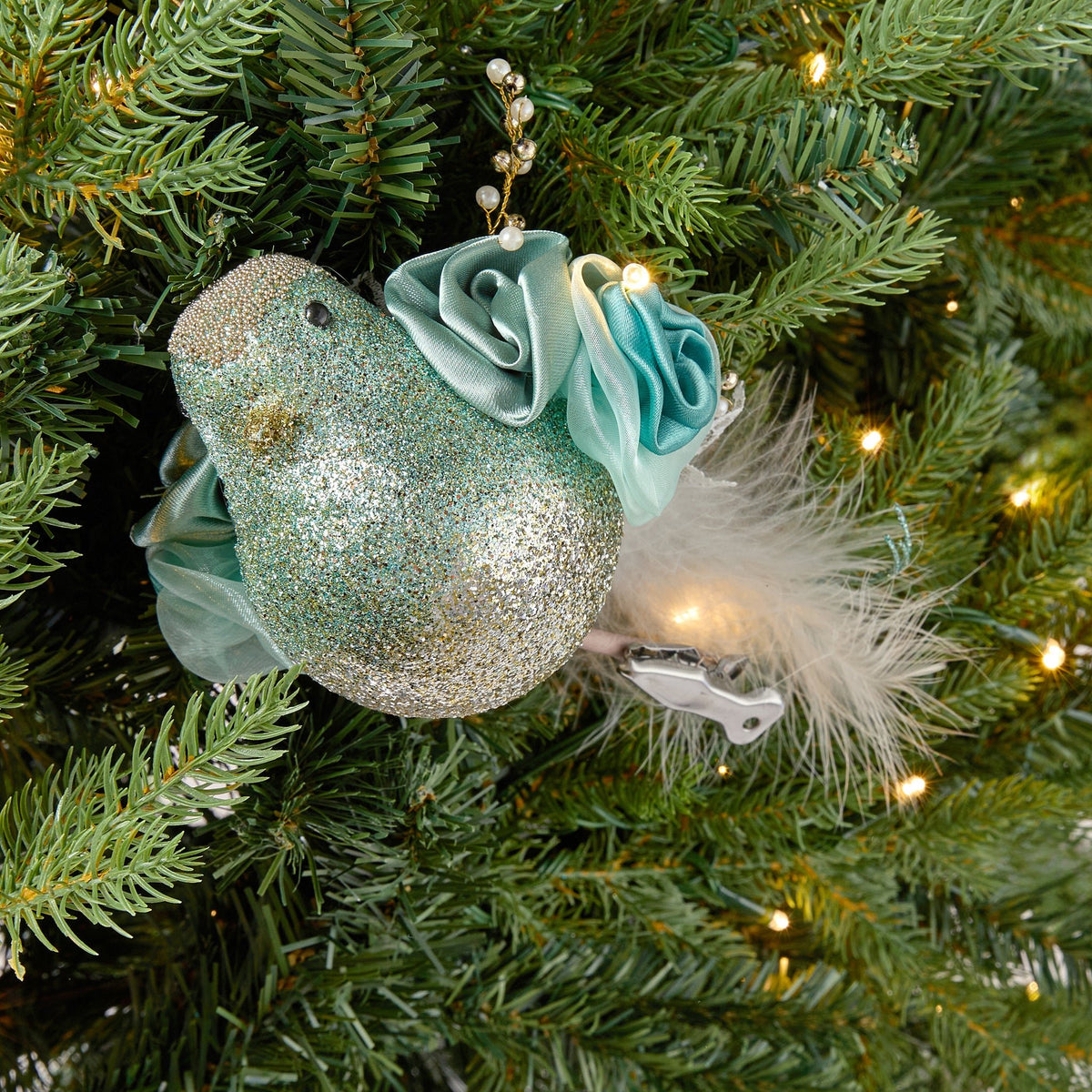 Mint Bird Clip-on Ornament with Satin Flower