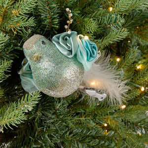 Mint Bird Clip-on Ornament with Satin Flower