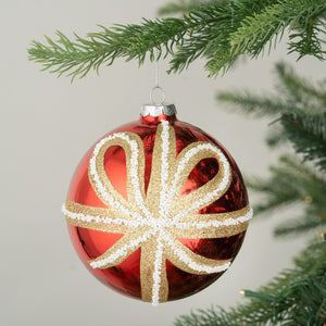 Mirrored Red Ball Ornament with Bow Patterning - ironyhome