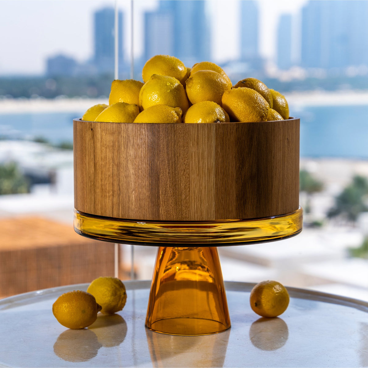 Natural Wood Bowl with Amber Tinted Glass Stand