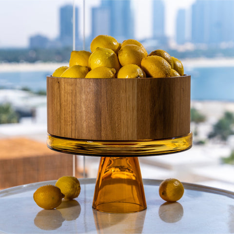 Natural Wood Bowl with Amber Tinted Glass Stand - ironyhome
