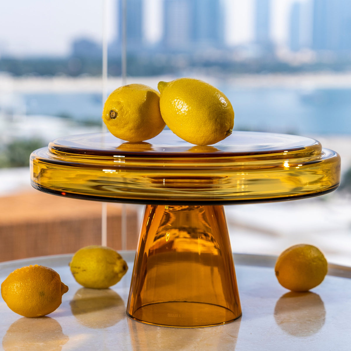 Natural Wood Bowl with Amber Tinted Glass Stand