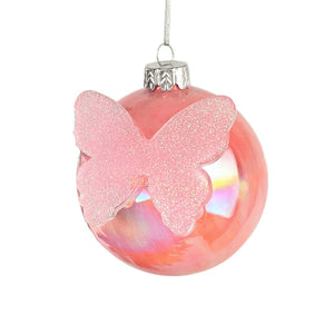 Pink Ball Ornament with Butterfly - Set of 6 - ironyhome