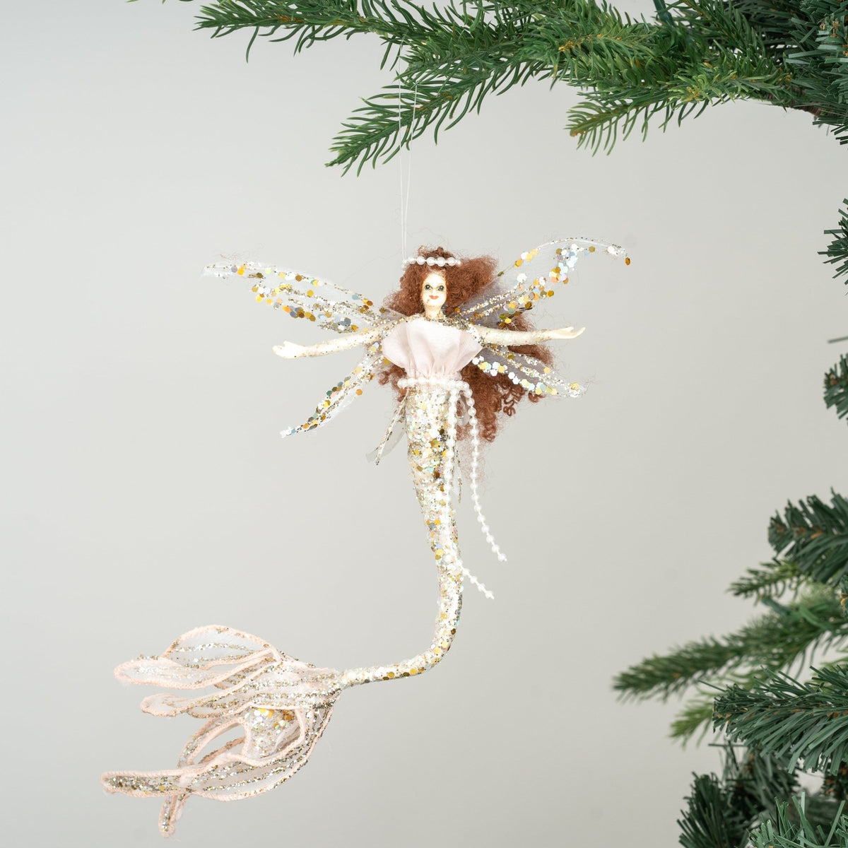 Platinum Mermaid Fairy Ornament with Pink Glitter