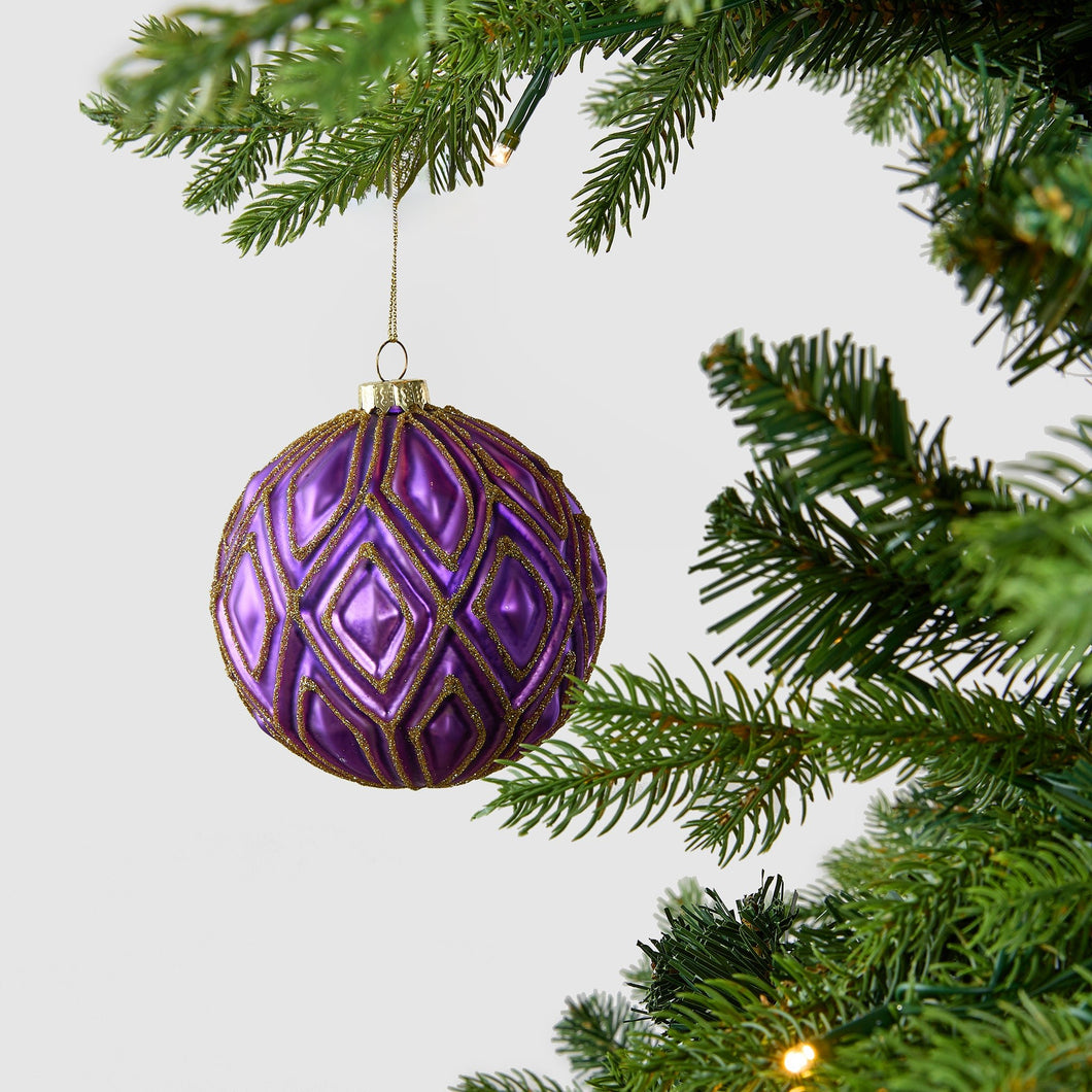 Purple Ball Ornament with Diamond Glitter Detailing - Set of 6 - ironyhome