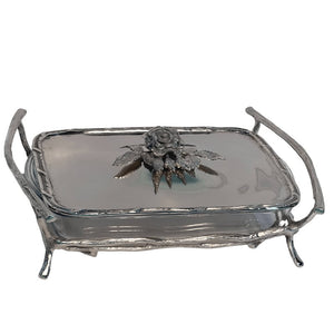 Rectangular Glass Tray With Antique Rose Metal Base And Lid - ironyhome