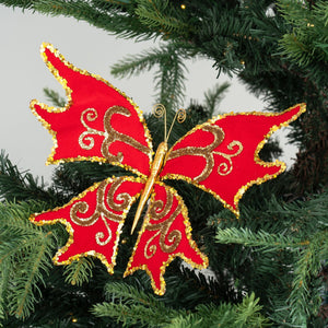 Red & Antique Gold Butterfly Clip-on Ornament - Set of 6