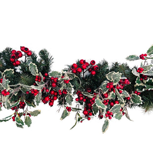 Red Berry and Holly Leaves Banister Garland - ironyhome