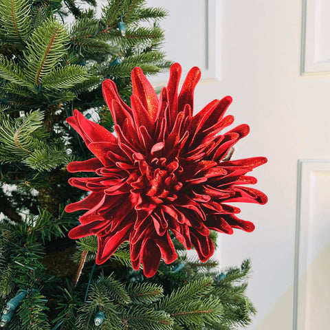 Red Dahlia Flower Ornament with Glitter - Set of 4 - ironyhome