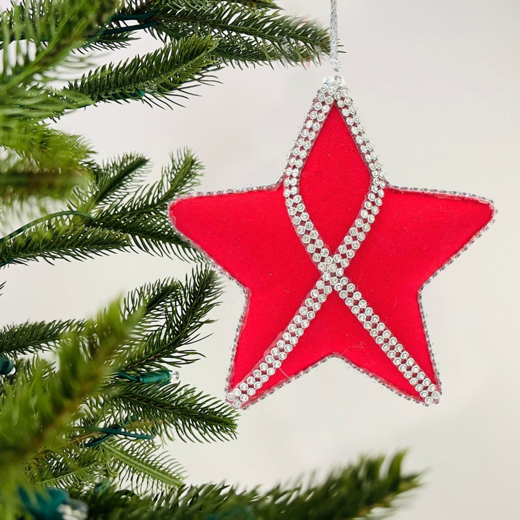 Red Fabric & Rhinestone Star Ornament - Set of 6 - ironyhome