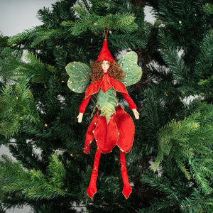 Red Festive Forest Fairy Ornament with Green Wings - Set of 4