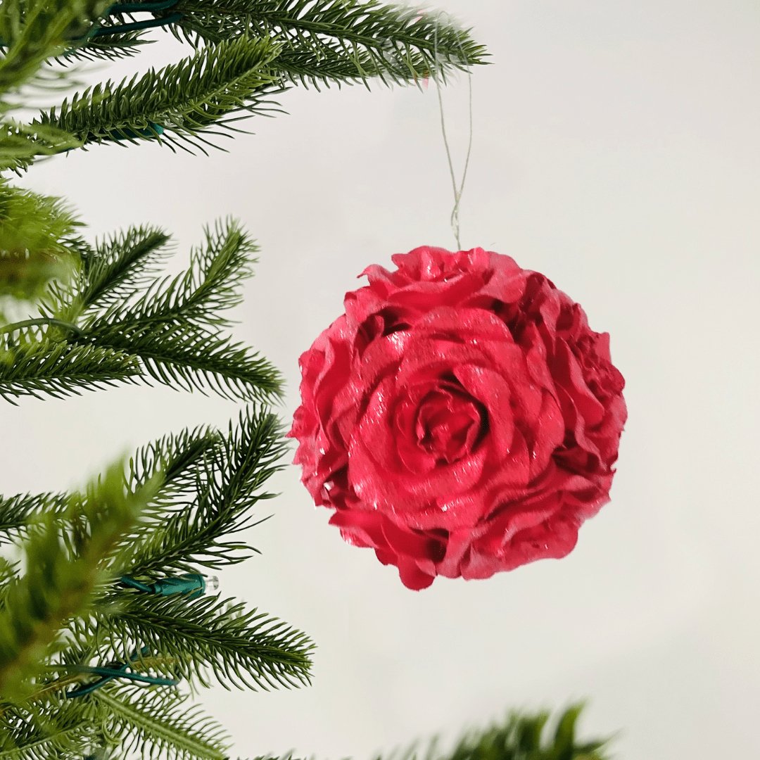 Red Glitter Rose Flower Ornament - Set of 4