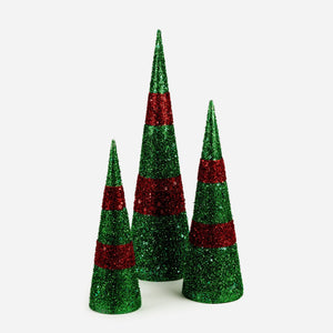 Red & Green Glittered Cone Tree Table Top