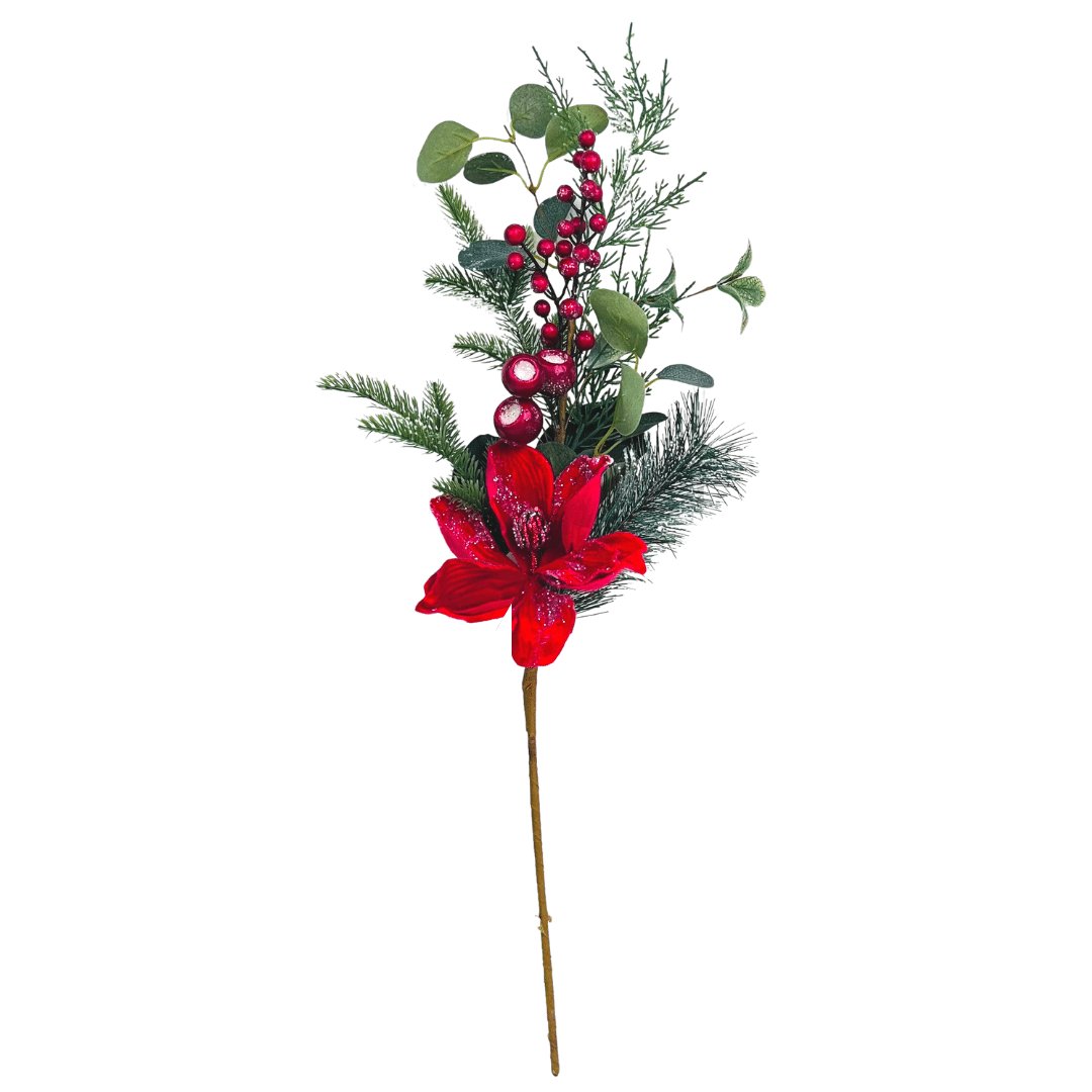 Red Magnolia and Frosted Winterberry Tree Pick