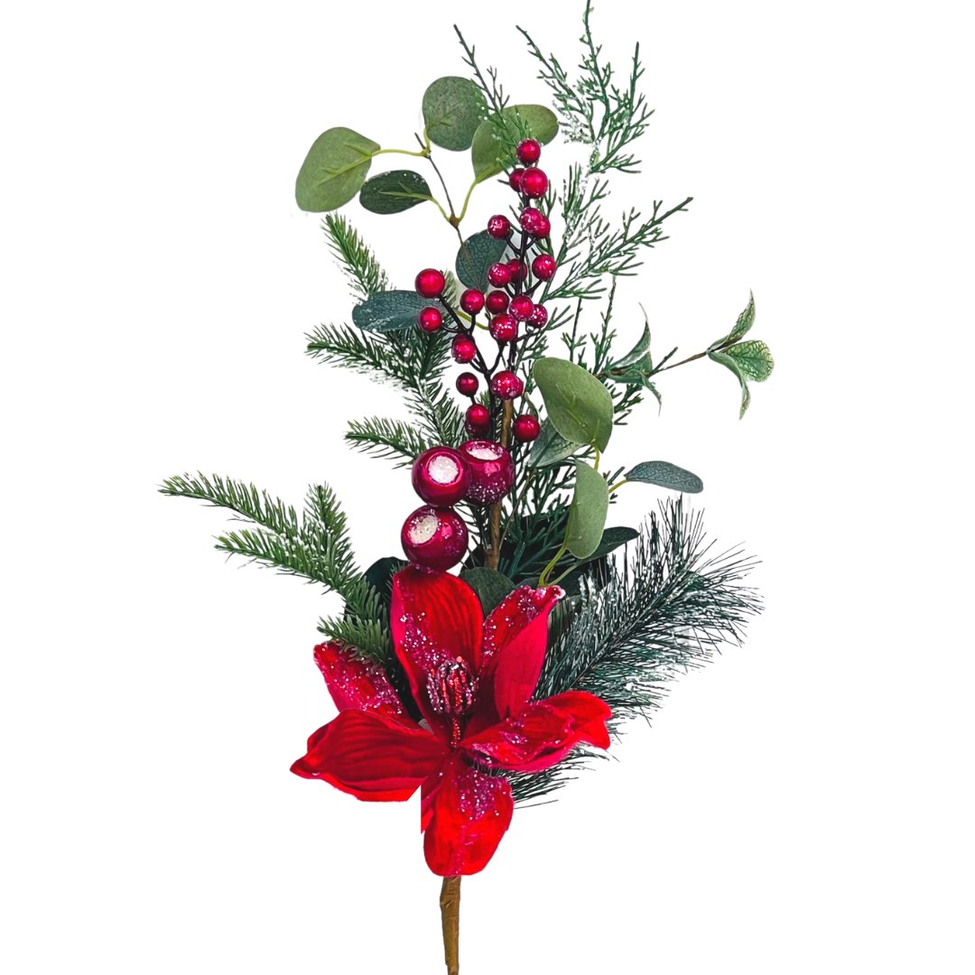 Red Magnolia and Frosted Winterberry Tree Pick