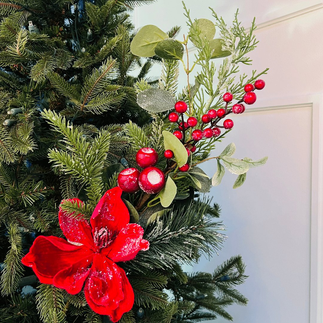 Red Magnolia and Frosted Winterberry Tree Pick