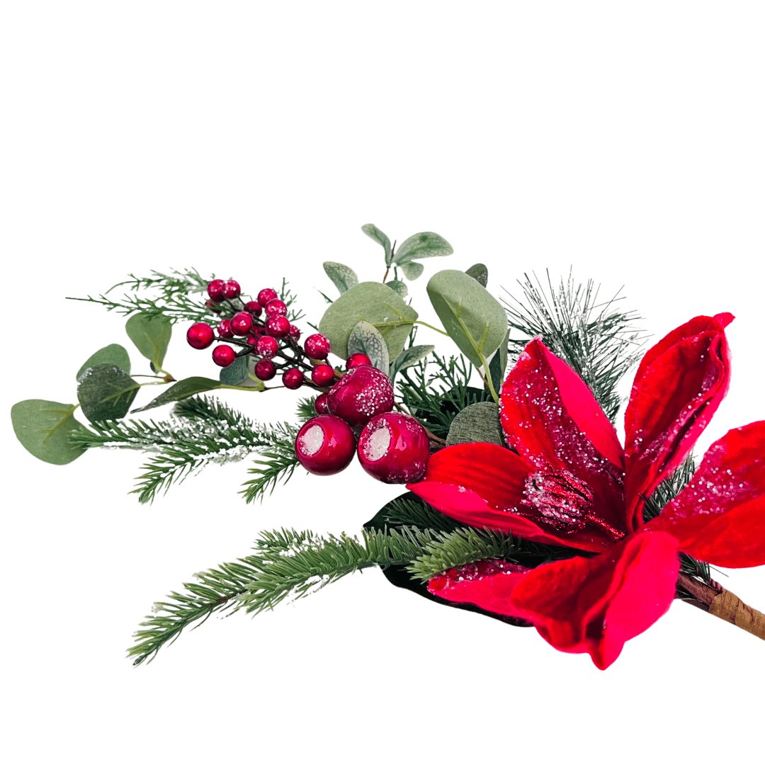 Red Magnolia and Frosted Winterberry Tree Pick