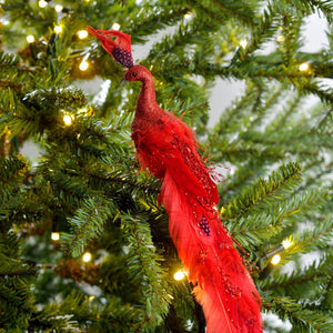 Red Peacock with Feather Tail Clip on Ornament - Set of 4 - ironyhome