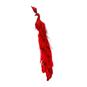 Red Peacock with Feather Tail Clip on Ornament - Set of 4 - ironyhome