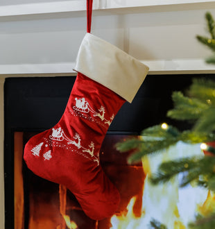 Red Velvet Stocking with White Reindeer Embroidery - ironyhome