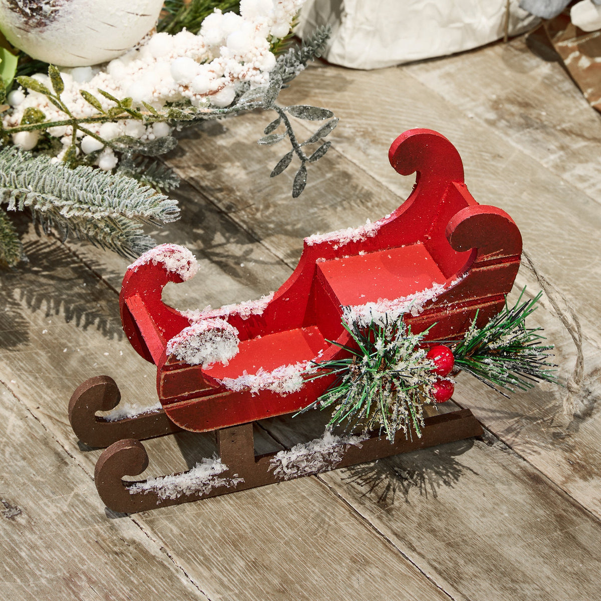 Red Wooden Sledge Ornament - Set of 6