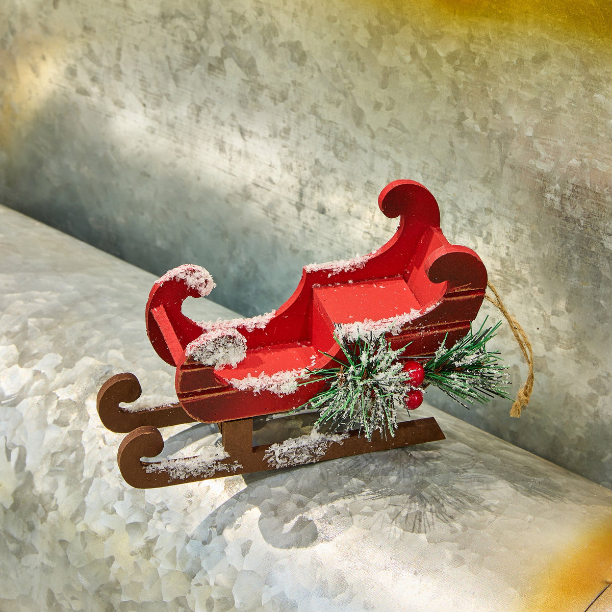 Red Wooden Sledge Ornament - Set of 6