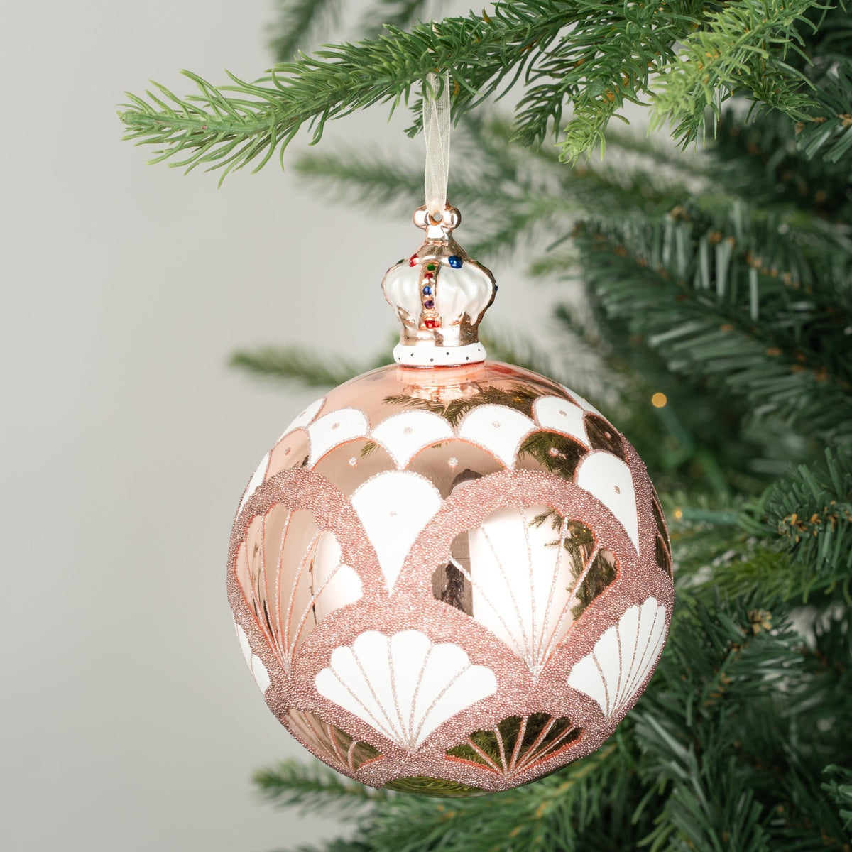 Rose Chrome & White Patterned Glass Ball Ornament