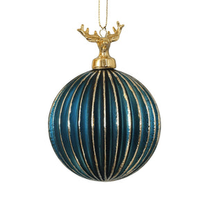 Royal Blue Hand-Blown Ribbed Glass Ball Ornament