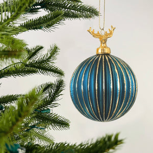 Royal Blue Hand-Blown Ribbed Glass Ball Ornament