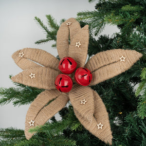 Rustic Brown Yarn Flower Pick with Red Festive Bells - Set of 4 - ironyhome