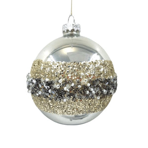 Silver Ball Ornament with Black & Champagne Glitter