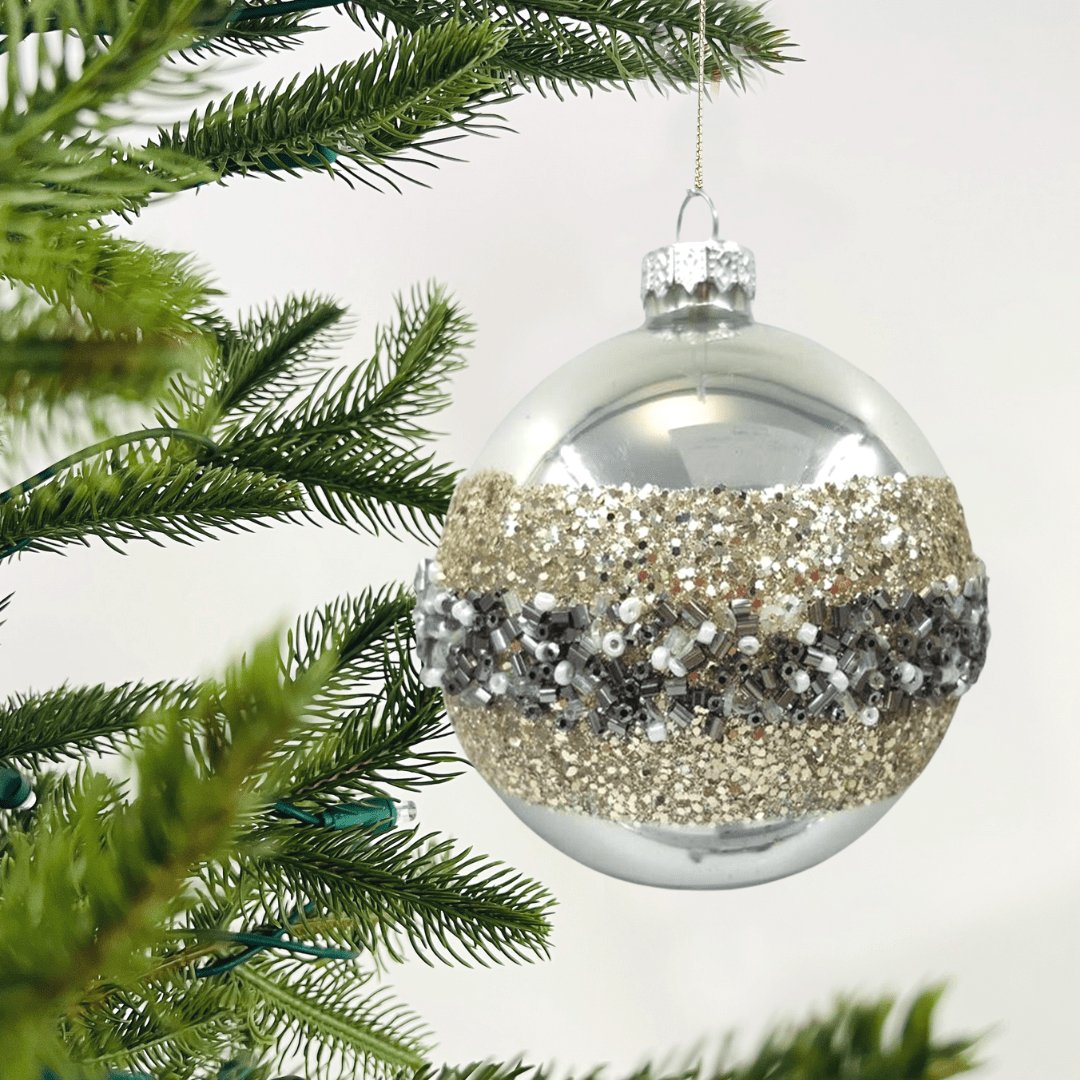 Silver Ball Ornament with Black & Champagne Glitter