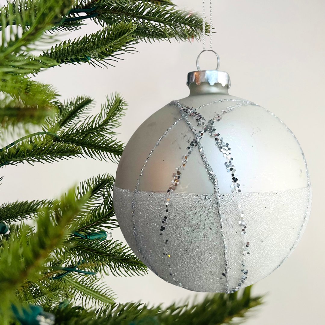 Silver Ball Ornament with Glitter Stripes - Set of 4