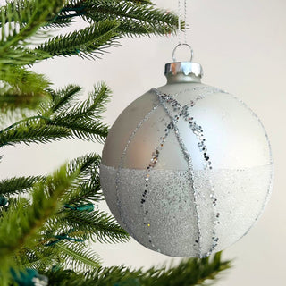 Silver Ball Ornament with Glitter Stripes - Set of 4 - ironyhome