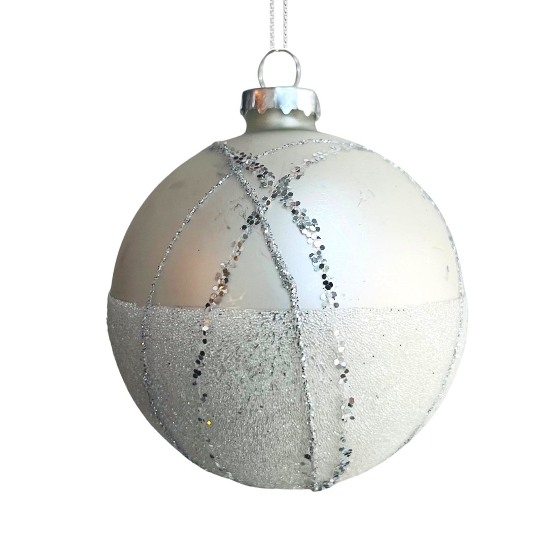 Silver Ball Ornament with Glitter Stripes - Set of 4