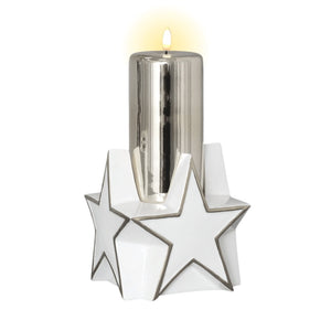 Silver Glass Pillar Candle with Glazed Porcelain Star Base