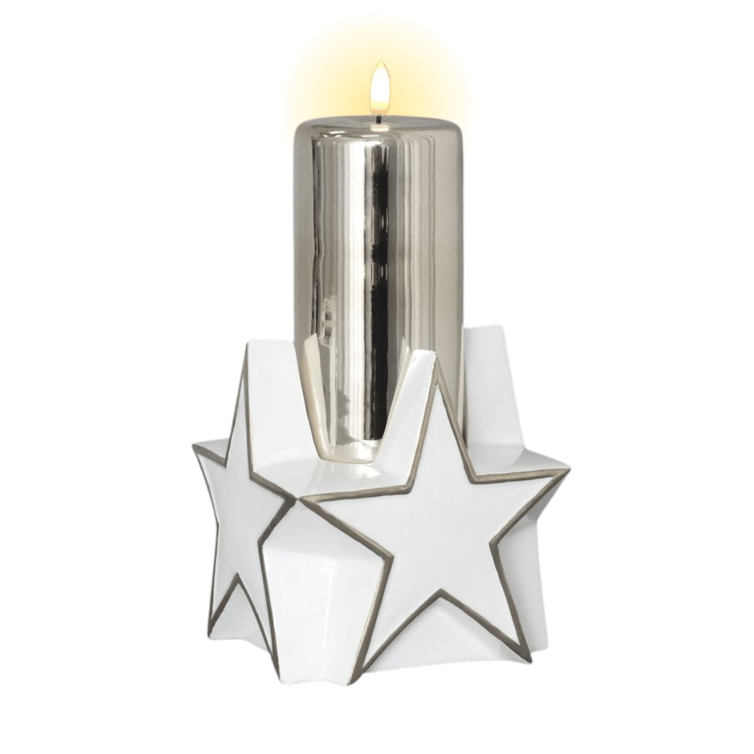 Silver Glass Pillar Candle with Glazed Porcelain Star Base - ironyhome