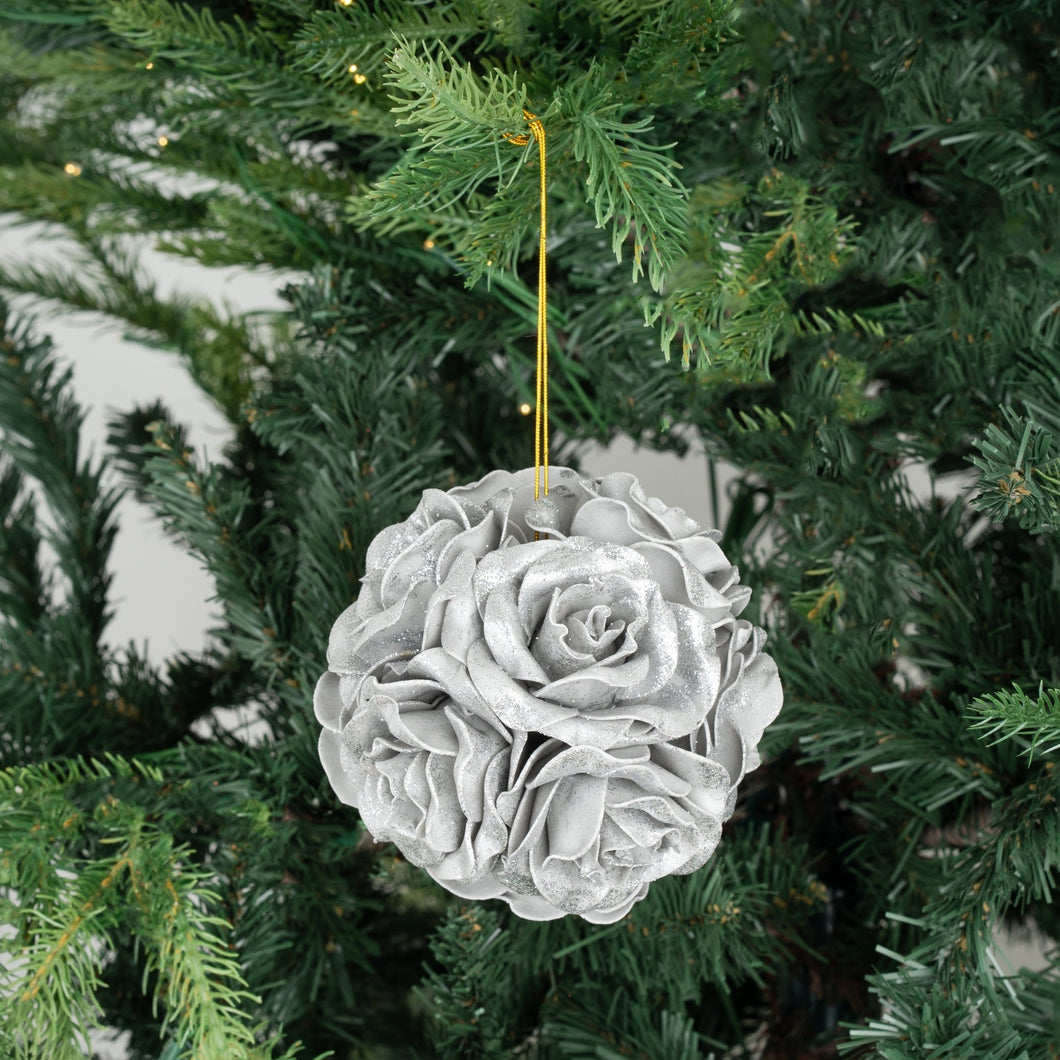 Silver Glitter Rose Flower Ornament - Set of 4 - ironyhome
