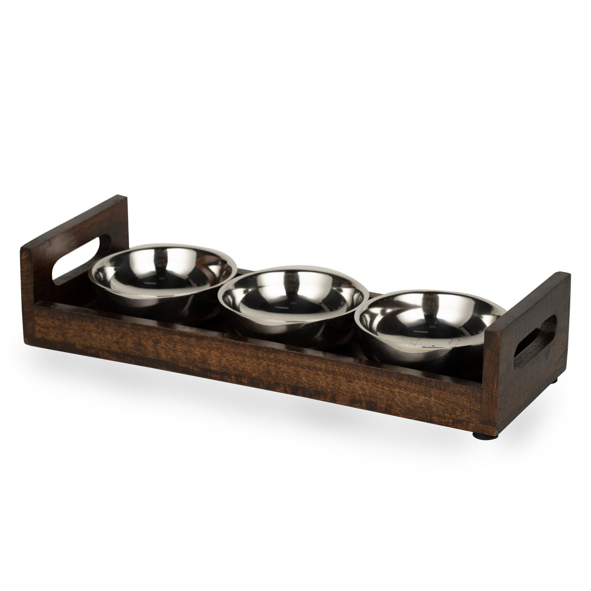 Silver Serving Bowl Set with Walnut Wood Tray