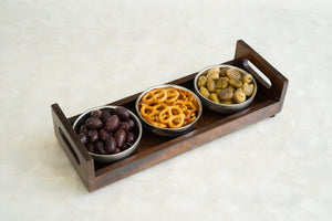 Silver Serving Bowl Set with Walnut Wood Tray