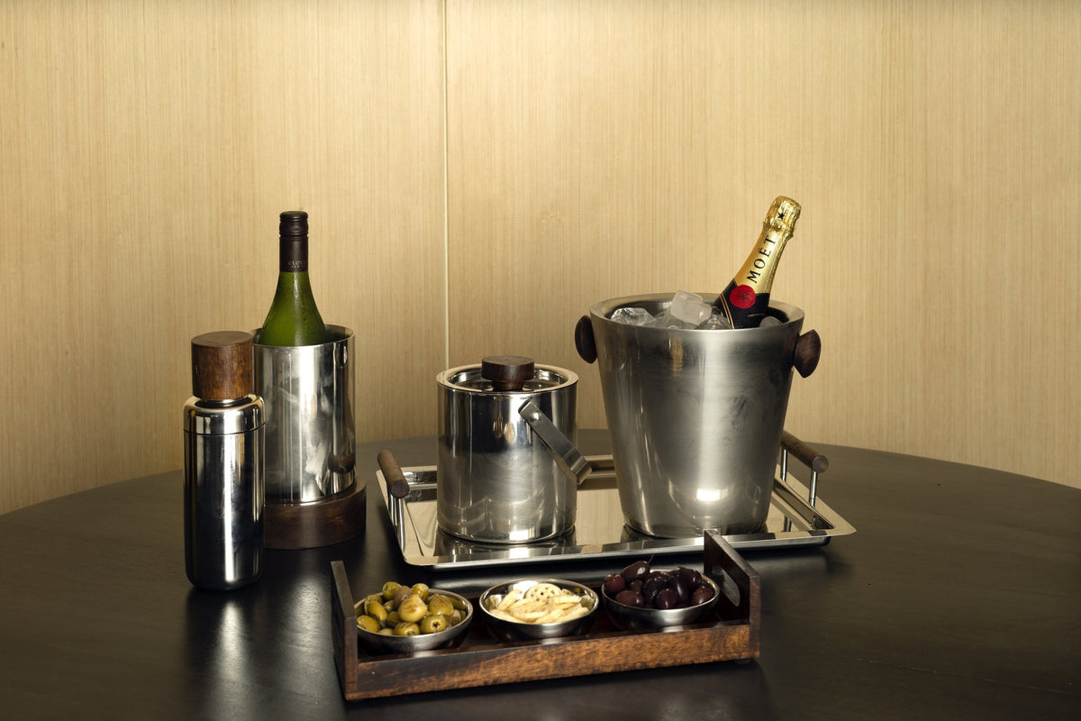 Silver Serving Bowl Set with Walnut Wood Tray