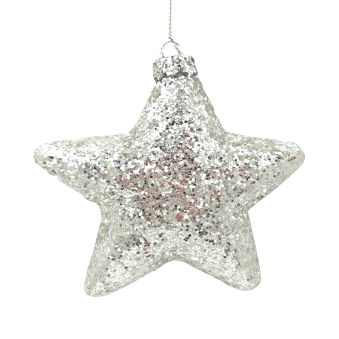 Star Ornament with Silver Glitter - Set of 6