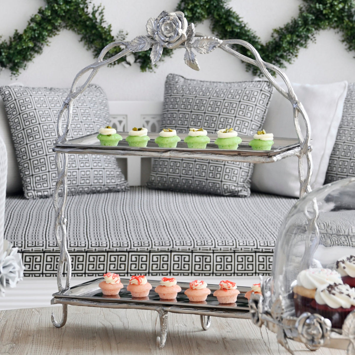 Two tiered cake stand with antique rose detailing