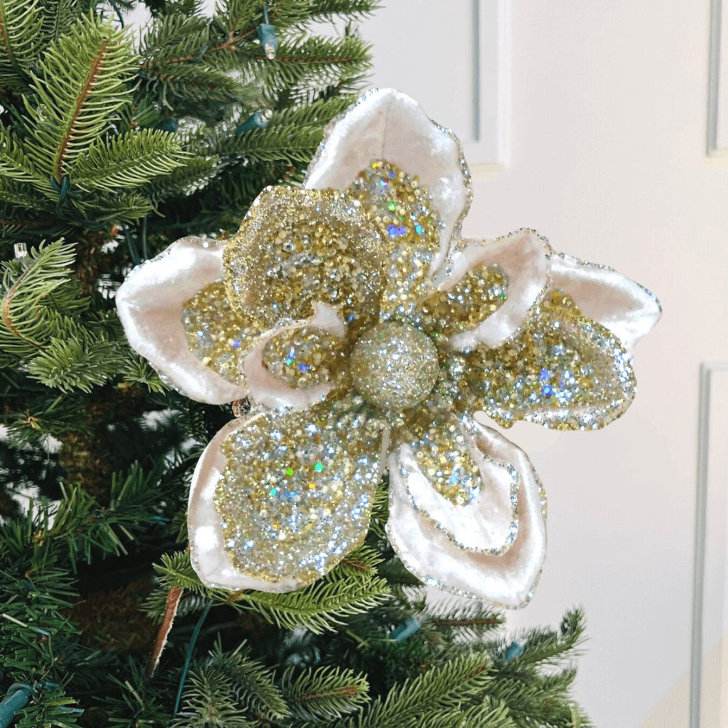 Velvet Magnolia Clip-On Ornament in Ivory & Platinum - Set of 4 - ironyhome