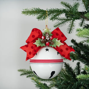 White Festive Bell Ornament with Red Bow & Mistletoe