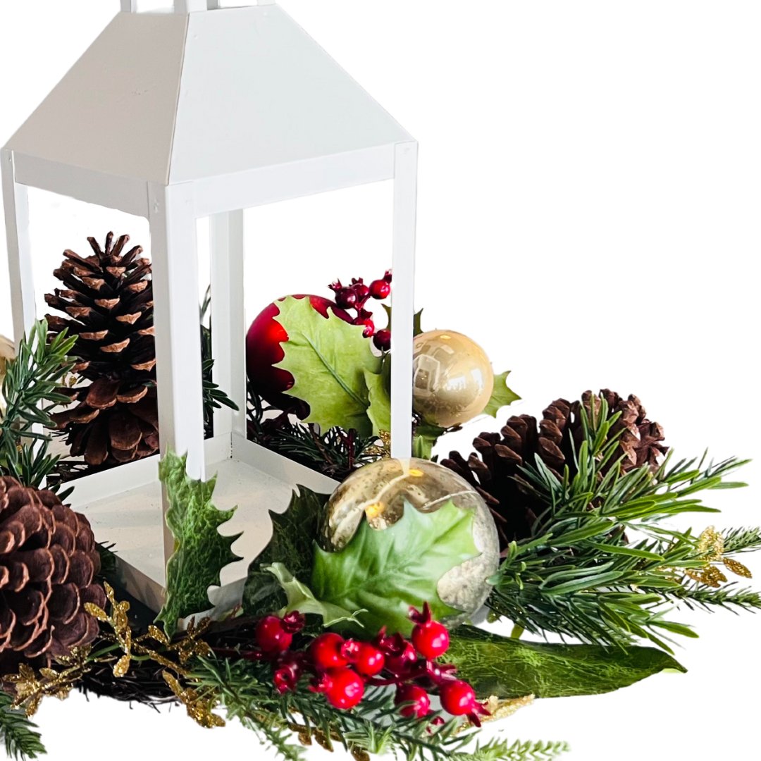 White Lantern Pinecone and Holly Leaf Table Top