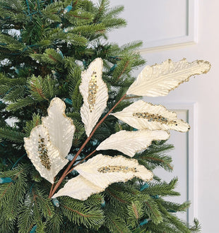 White Leaves Pick with Champagne Glitter - ironyhome