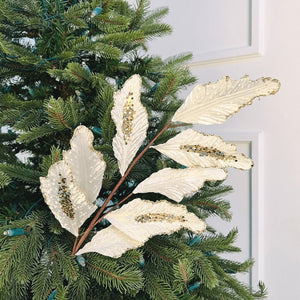 White Leaves Pick with Champagne Glitter