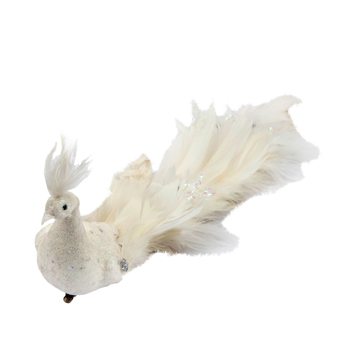 White Peacock with Feather Tail Christmas Ornament